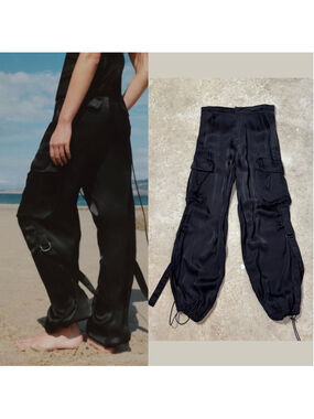 Zara High Waist Satin Effect Cargo Trouser Pants Women's Small Black Pockets